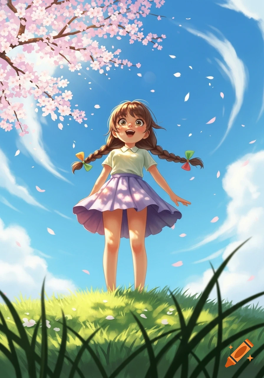 A cute anime girl with pigtails stands on a grassy hill, looking up at a cherry blossom tree with falling pink petals against a bright blue sky.