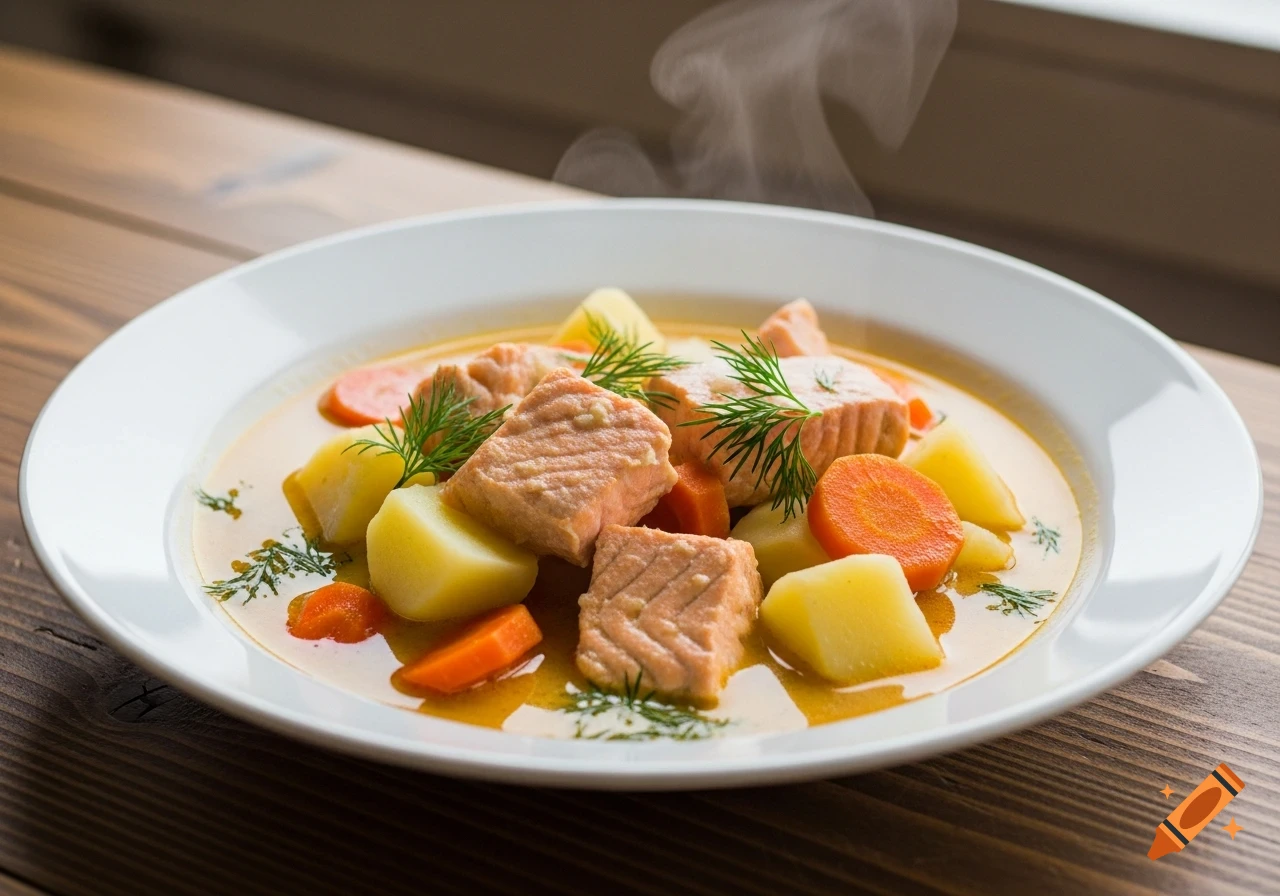 A steaming bowl of traditional Finnish salmon stew with potatoes, carrots, and dill on a wooden table.