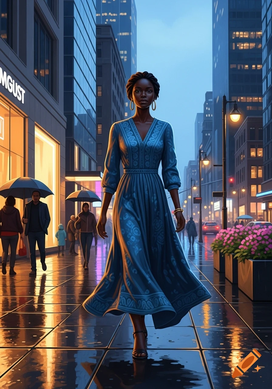 A Black woman in a blue patterned dress walks confidently down a rainy city street at dusk, surrounded by illuminated buildings and people with umbrellas.