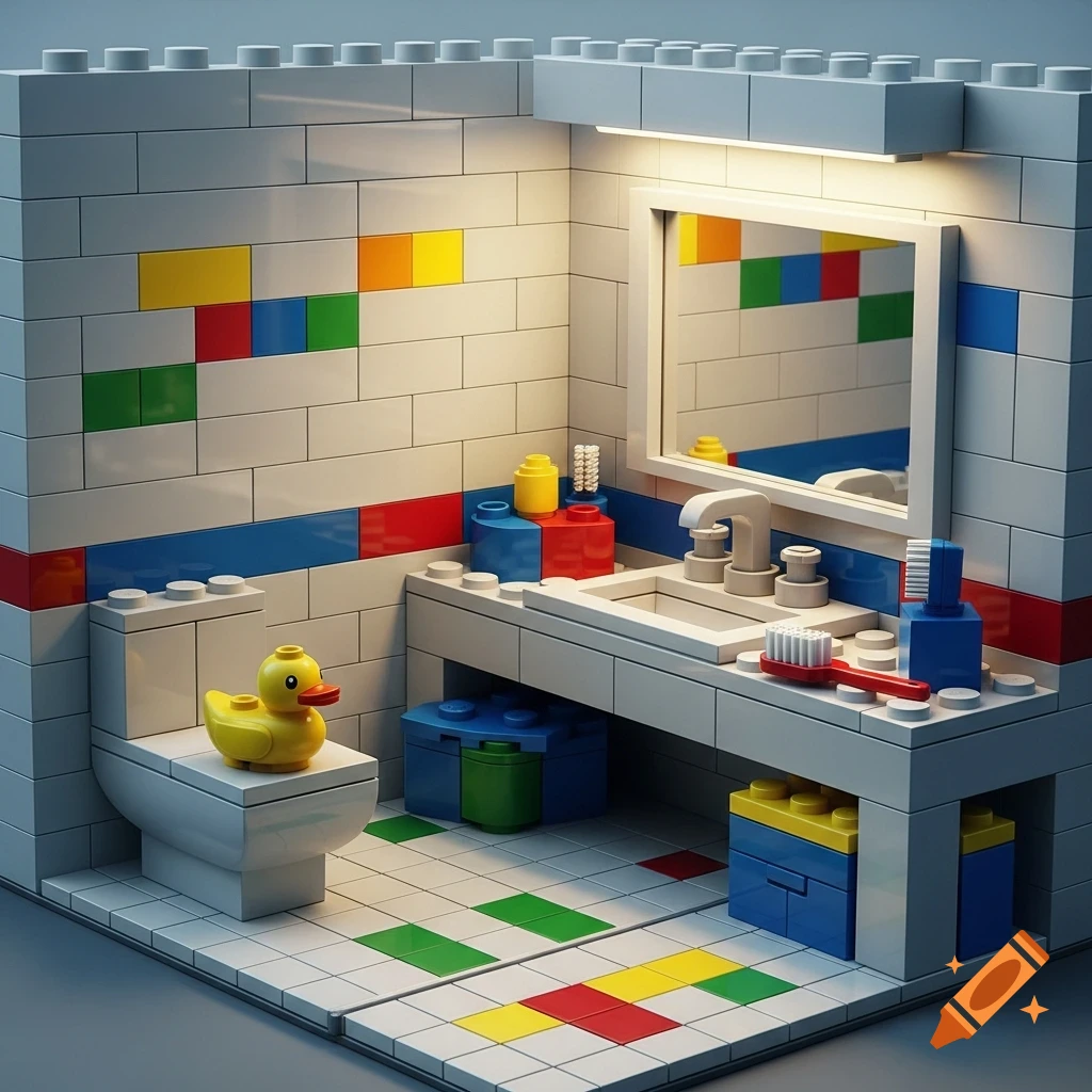 A colorful LEGO brick bathroom diorama with a toilet, sink, mirror, and a yellow rubber duck on the toilet.