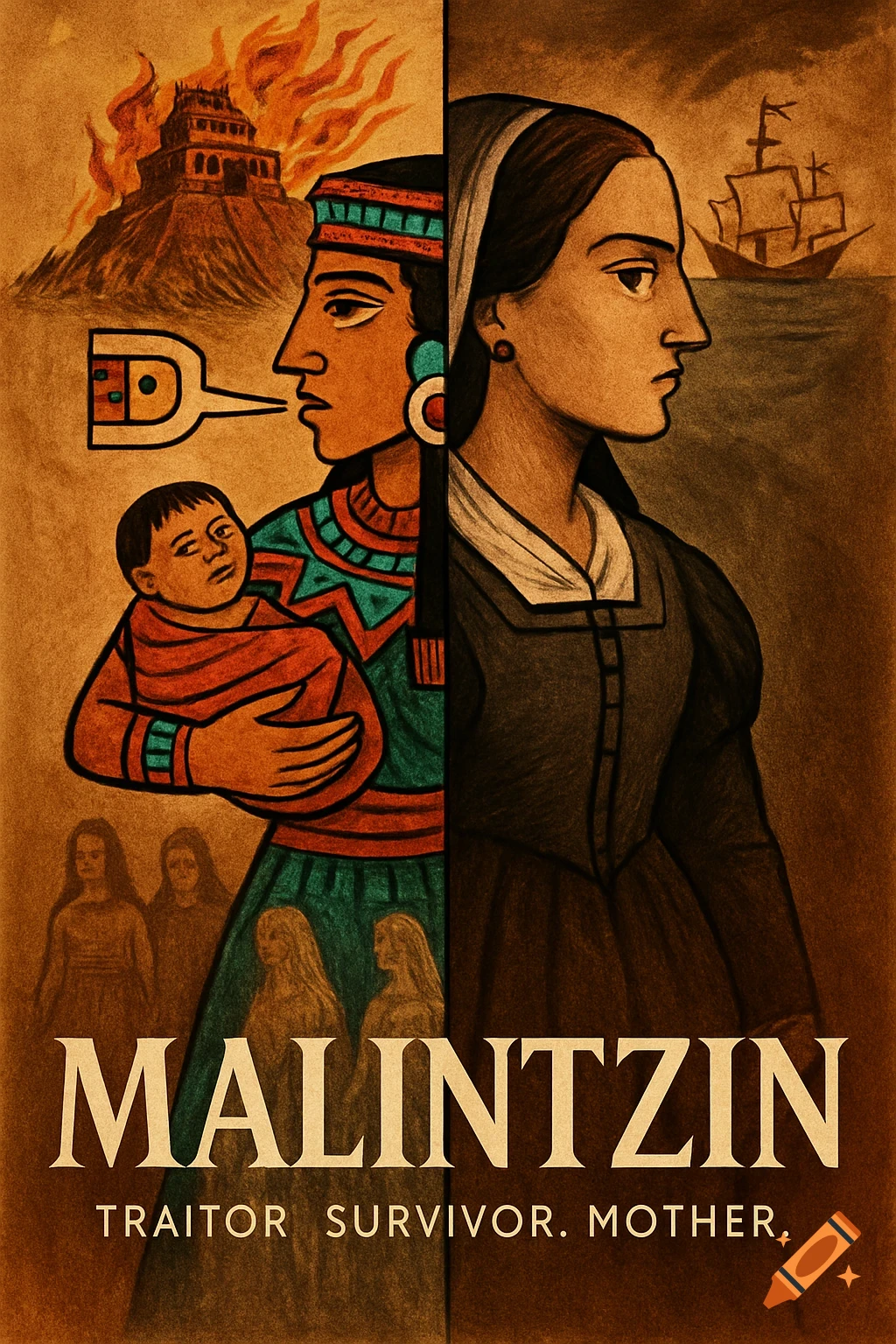 Stylized historical poster of Malintzin, split between indigenous attire holding a baby and European dress, with a burning temple and ships. Text: MALINTZIN.