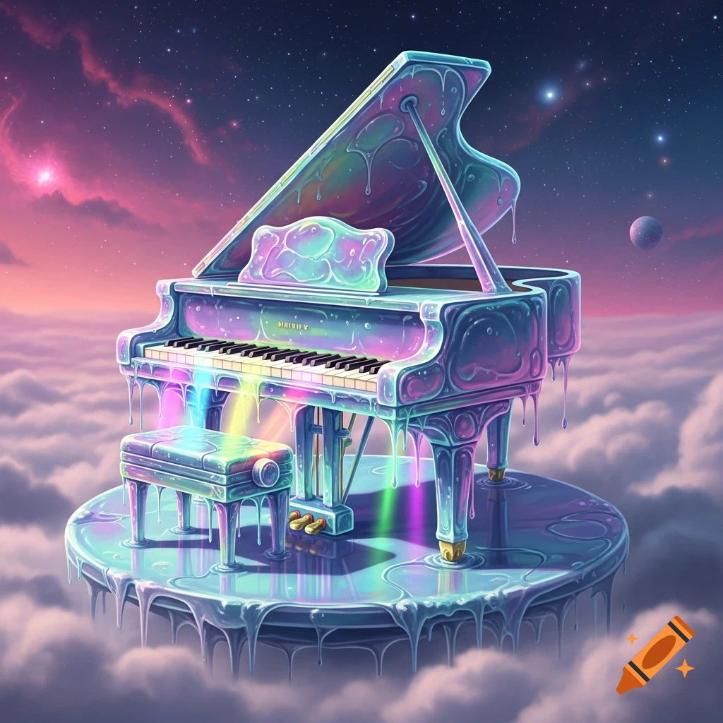 A vibrant, melting jelly grand piano and stool sit on a cloud platform under a starry cosmic sky with nebulae and a planet in a surreal, dreamlike style.