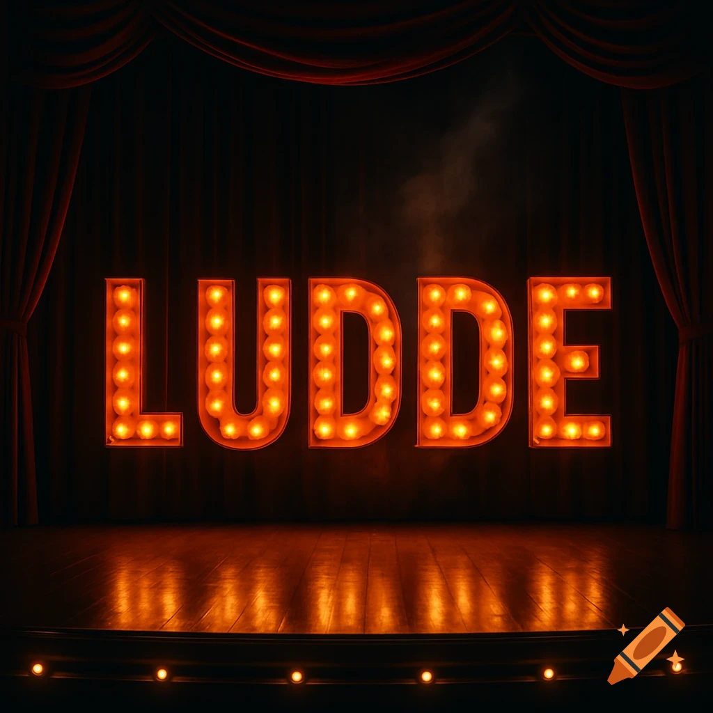The word LUDDE in glowing orange marquee lights on a dark theater stage with red curtains.