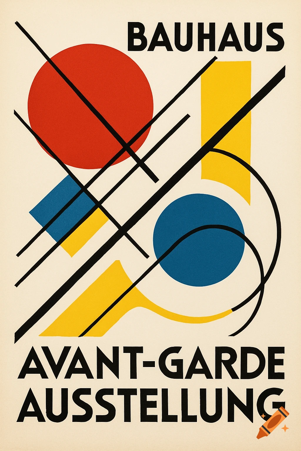 A vintage Bauhaus style poster with black text "BAUHAUS" and "AVANT-GARDE AUSSTELLUNG" amidst red, blue, and yellow geometric shapes.