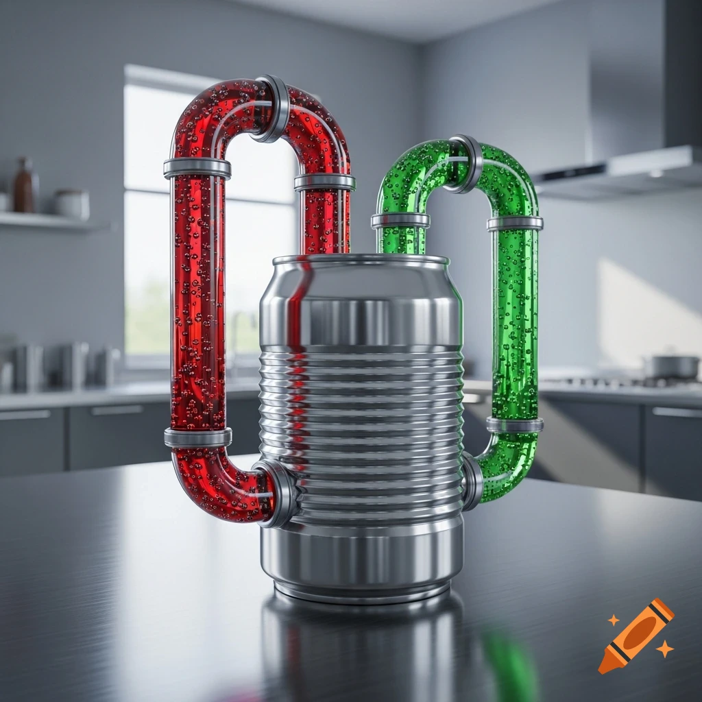 A silver corrugated can with arching clear pipes filled with bubbling red and green liquid on a counter in a modern kitchen.