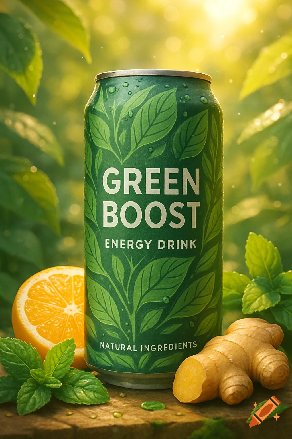 Photorealistic image of a green 'GREEN BOOST' energy drink can, with leaves and water droplets, surrounded by orange, mint, and ginger on wood.