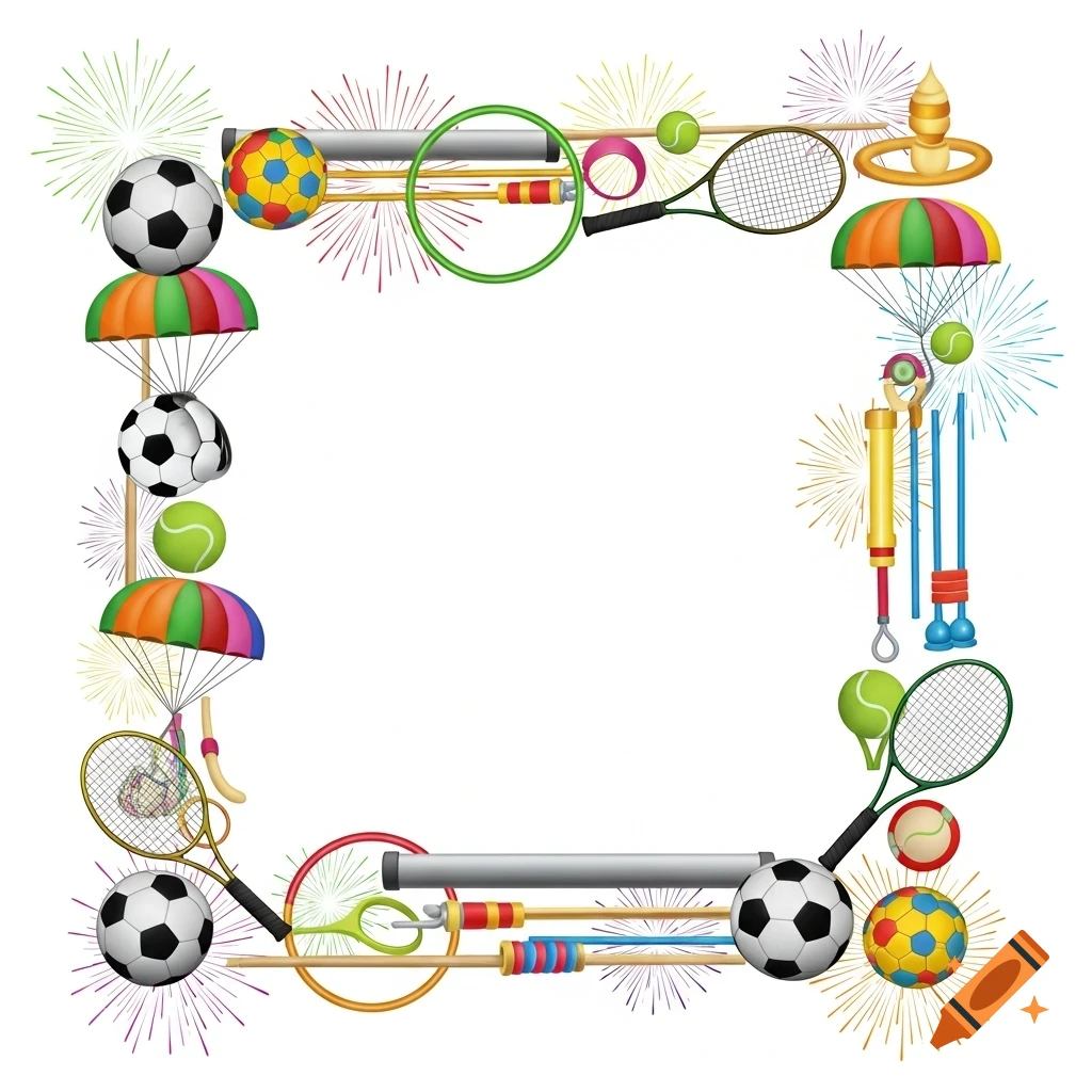 A decorative border of soccer balls, tennis rackets, gymnastics equipment, and fireworks on a white background.