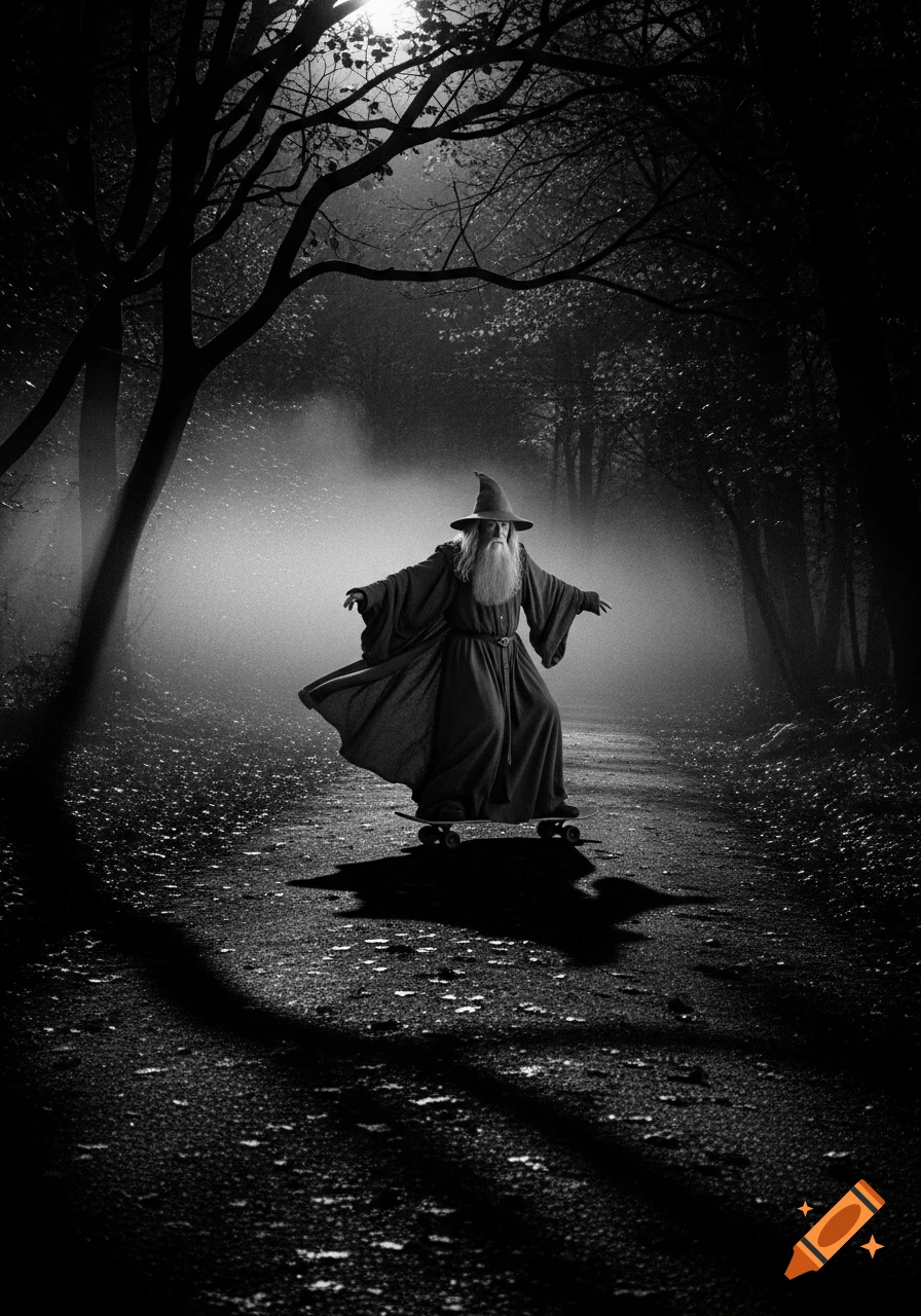 A black and white image of a wizard-like figure with a long beard skateboarding down a misty forest path at night.