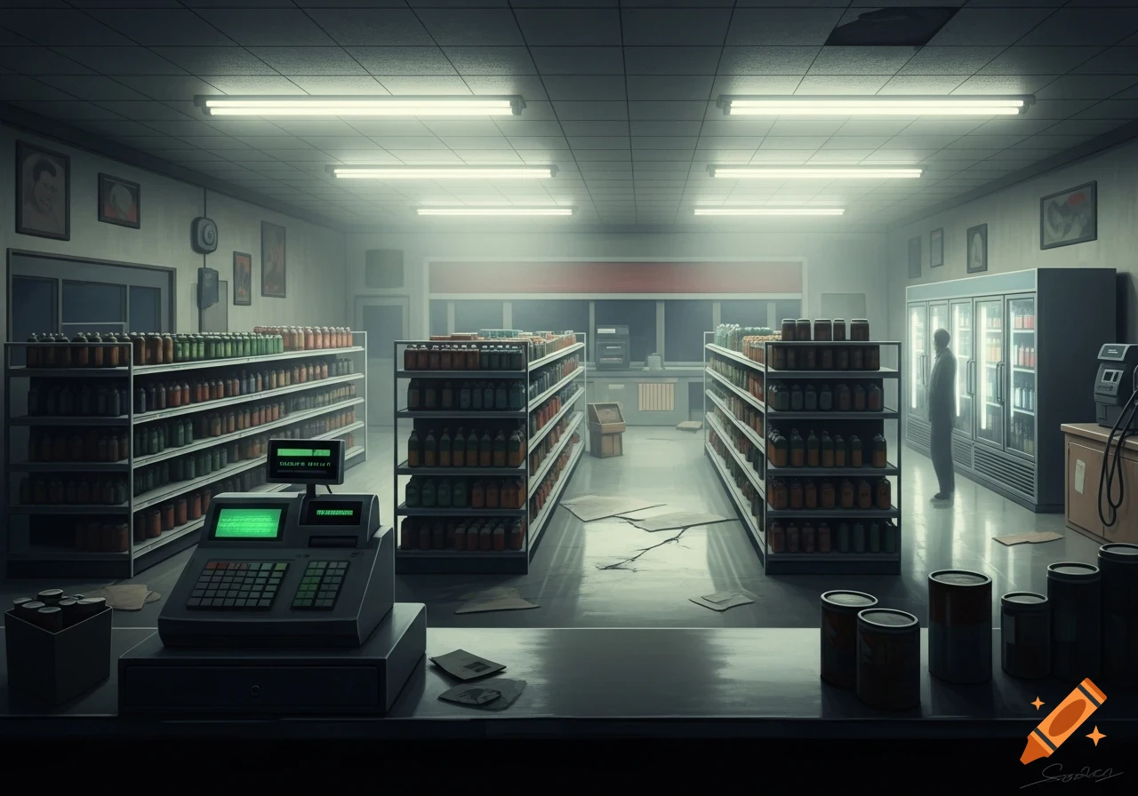 A dimly lit, creepy gas station interior with rows of shelves, a cash register, and a blurry figure in the background.