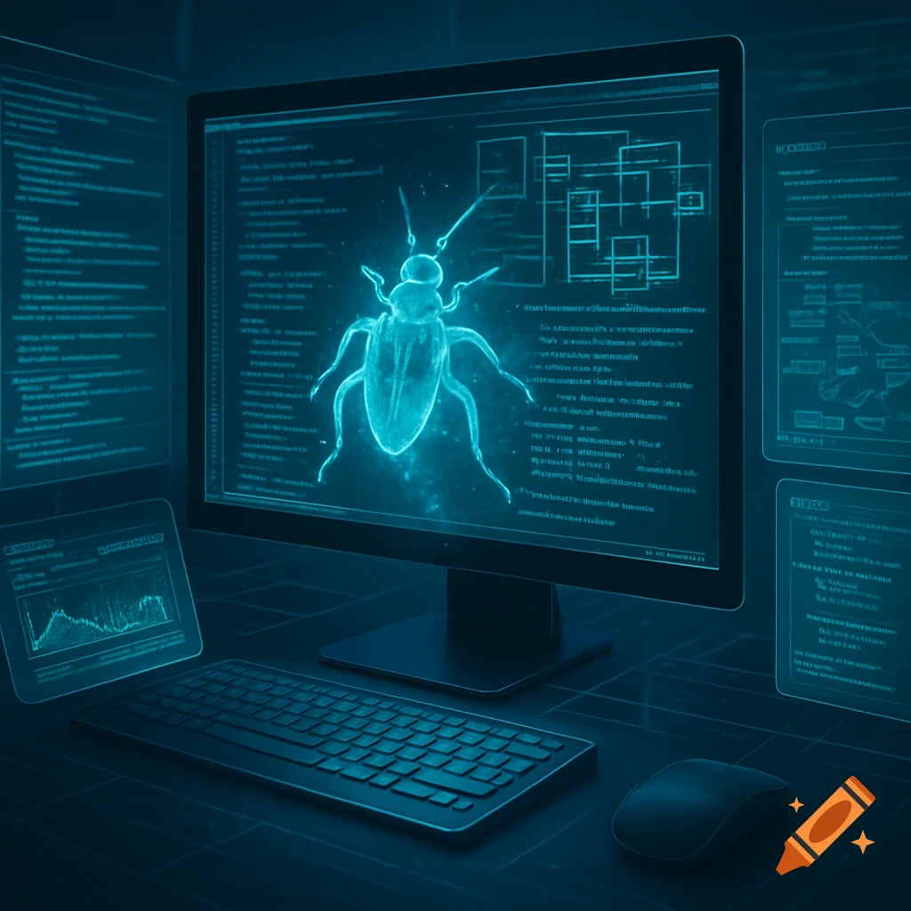 A glowing blue insect, representing a software bug, is displayed on a computer monitor with code. A keyboard and mouse are on a desk.