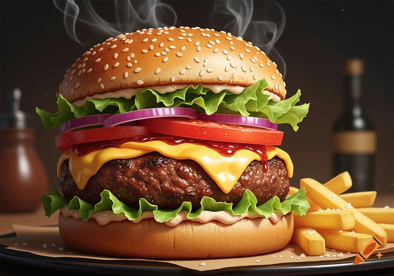 A mouth-watering close-up of a steaming cheeseburger with lettuce, tomato, onion, and sauce, served with a side of french fries.