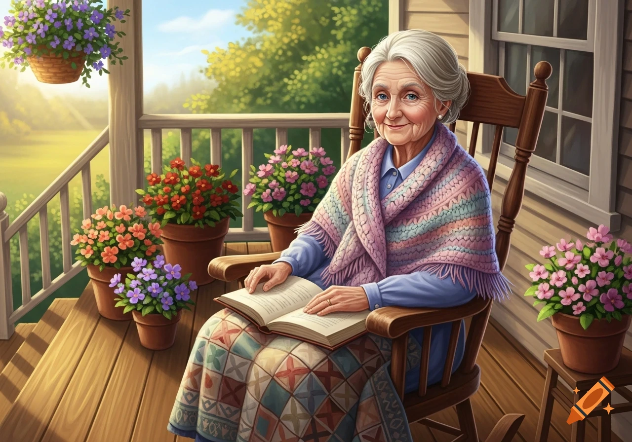 An illustrated elderly woman with grey hair sits in a wooden rocking chair on a porch, reading a book, surrounded by colorful potted flowers.