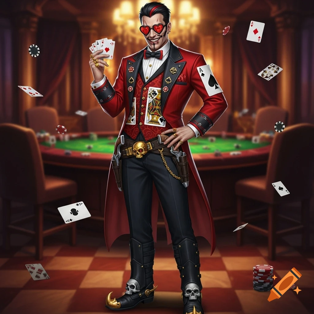 A stylized character, a smiling man with red heart sunglasses and grey skin, wearing a red and black suit with playing card motifs, a skull belt buckle, and skull-tipped boots, stands in a luxurious poker room with cards and chips floating around him.