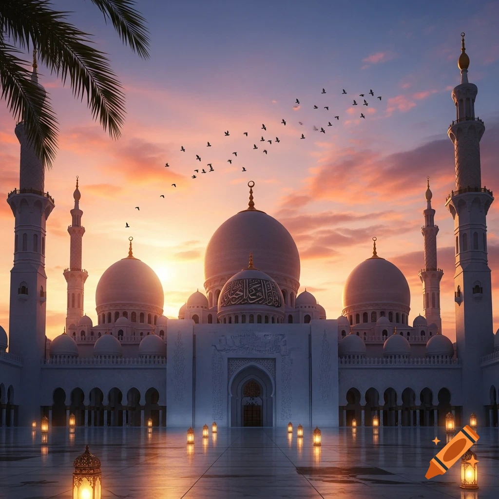 Grand mosque with multiple domes and minarets at sunset, birds flying, and lanterns illuminating the courtyard.