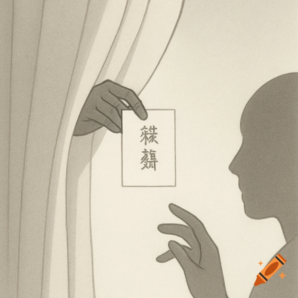 A minimalist illustration shows a hand behind a curtain passing a note with Chinese characters to a person's silhouette.