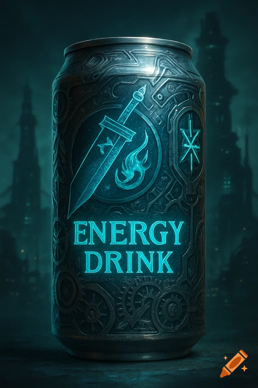 Ornate dark metallic energy drink can with a glowing cyan sword and flames, and the text 'ENERGY DRINK' against a dark city skyline.
