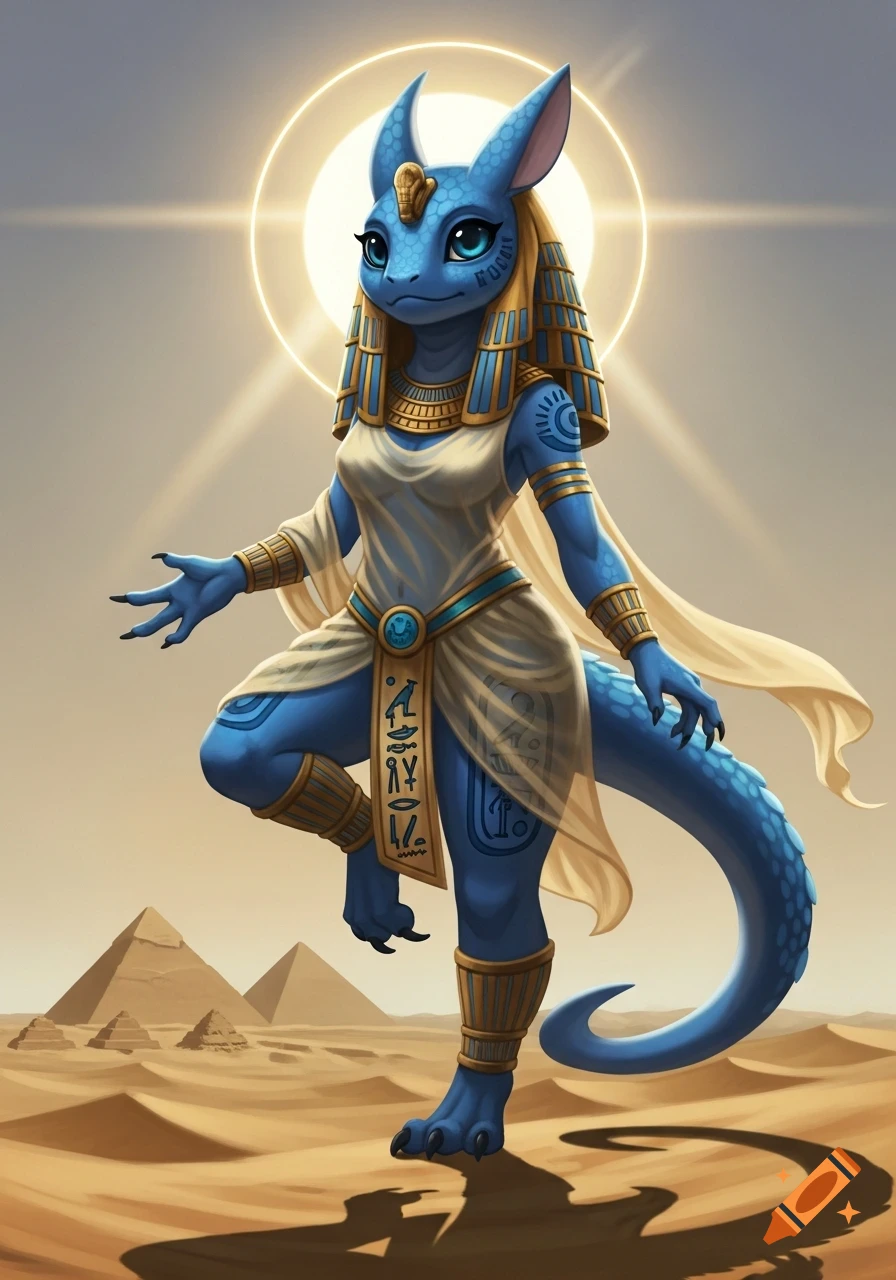 Blue Sobble-like Egyptian goddess in gold and white attire stands in a desert with pyramids under a glowing sun.