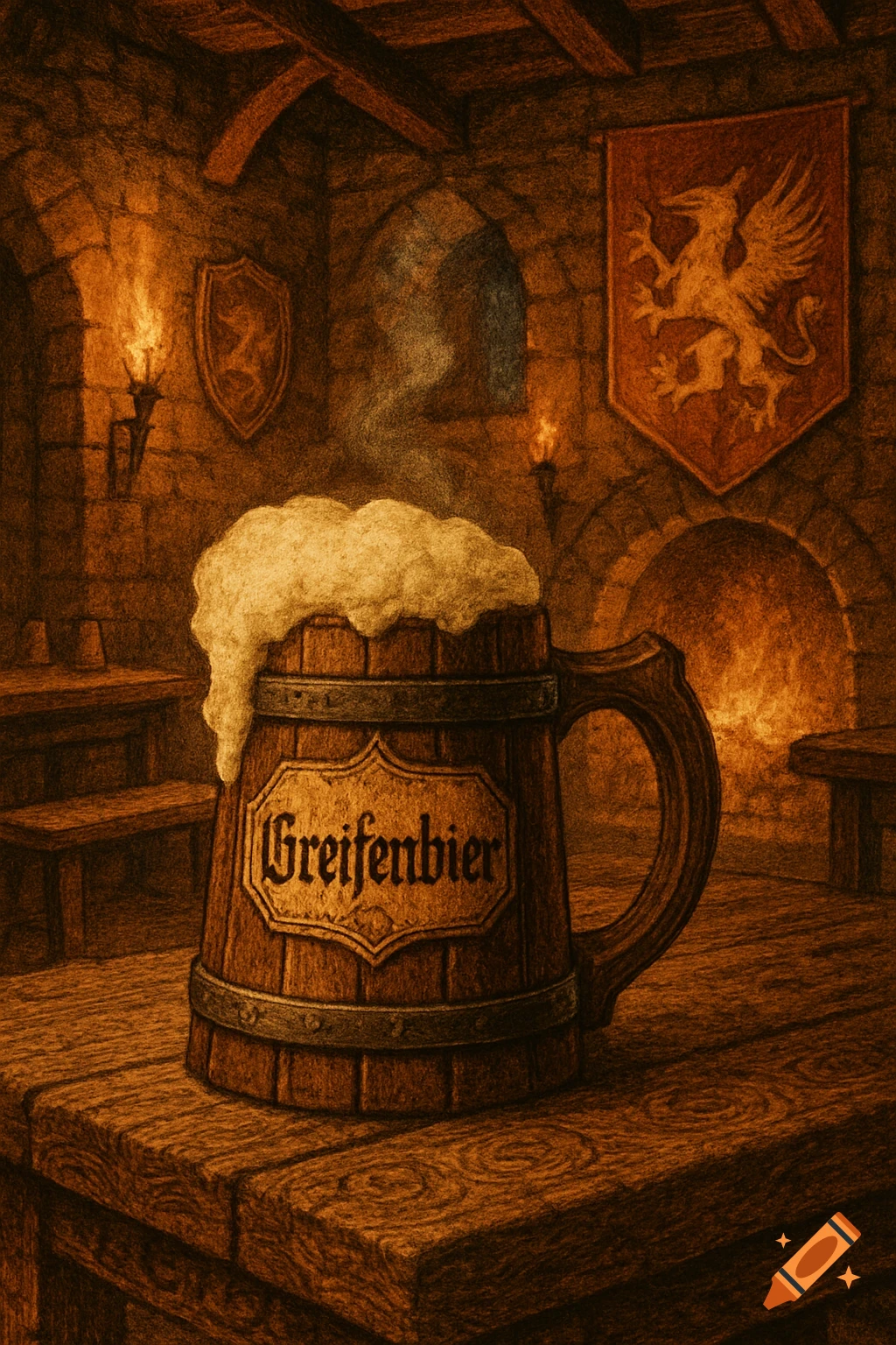 A detailed drawing of an overflowing wooden beer mug labeled 'Greifenbier' in a medieval tavern.
