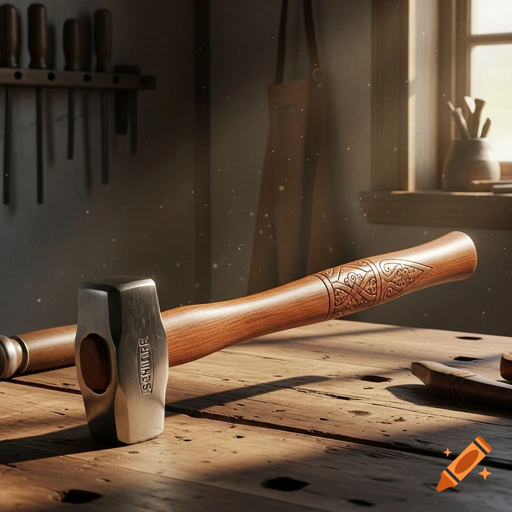 A photorealistic hammer with an ornate wooden handle and metal head lies on a sunlit wooden workbench in a workshop.