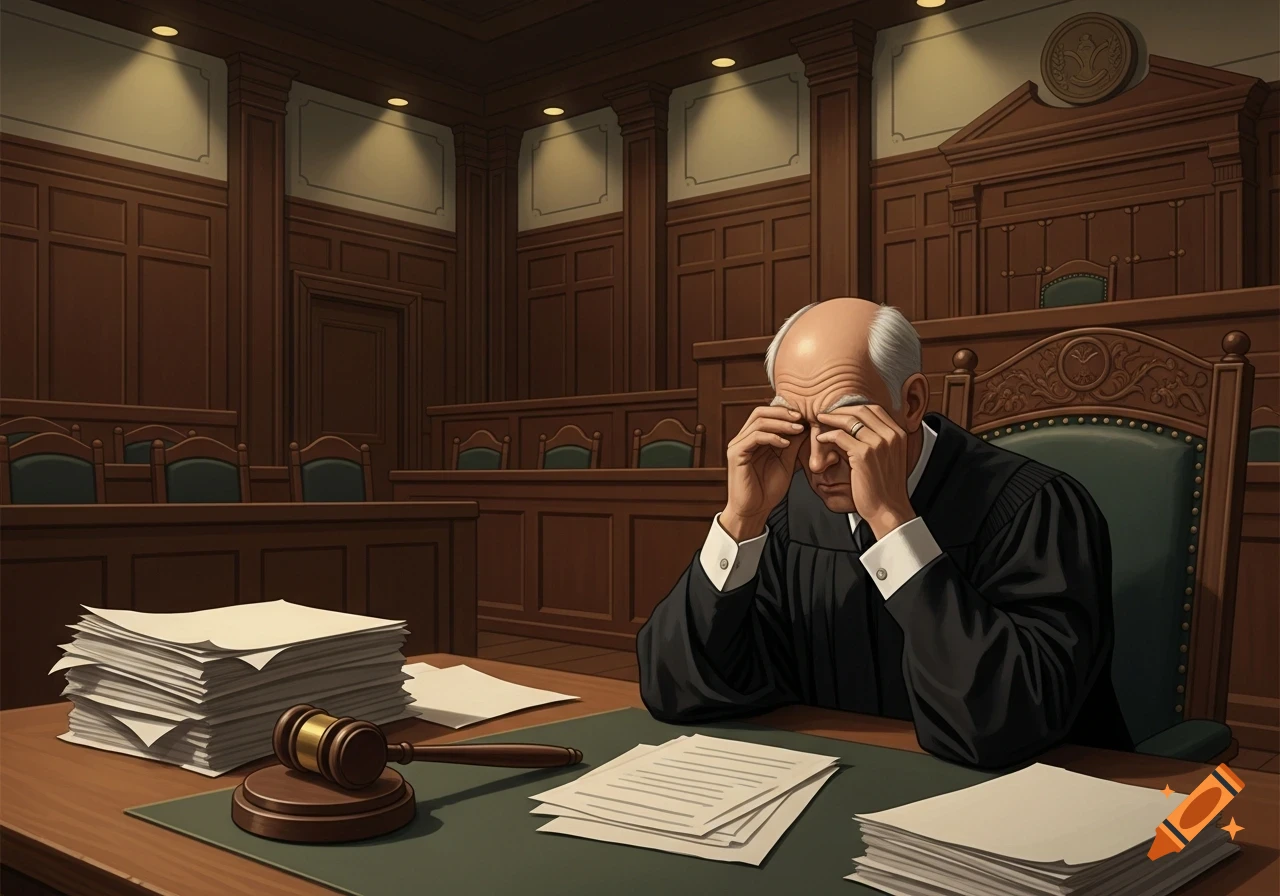 A tired judge in a black robe sits at a desk in a wooden courtroom, holding his head, surrounded by papers and a gavel.