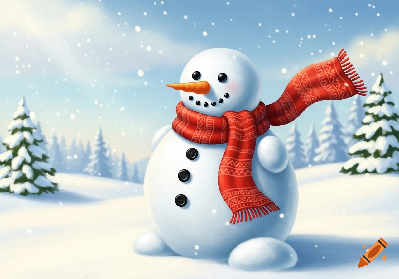 A cheerful cartoon snowman with a carrot nose, button eyes, and a red patterned scarf stands in a snowy forest with falling snow.