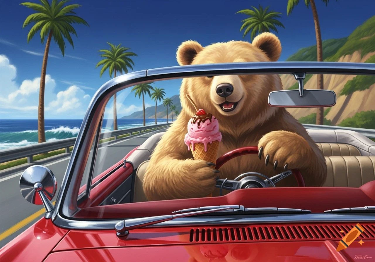 A happy cartoon bear drives a red convertible along a palm tree-lined coastal road, eating a pink ice cream cone.