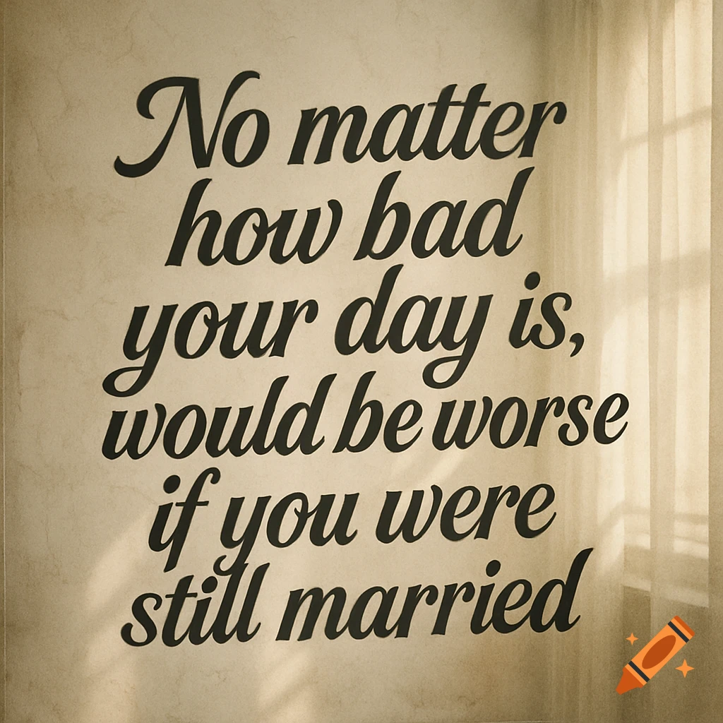 A humorous quote "No matter how bad your day is, would be worse if you were still married" in black script on a textured beige wall with window shadows.