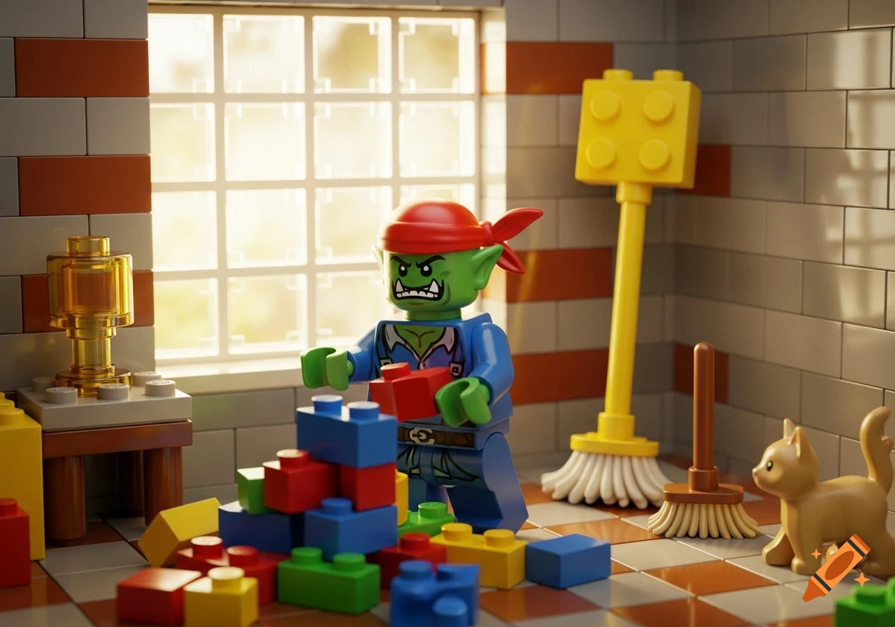 A Lego Orc minifigure wearing a red do-rag stands amidst colorful building blocks and brooms in a bright room with a window.