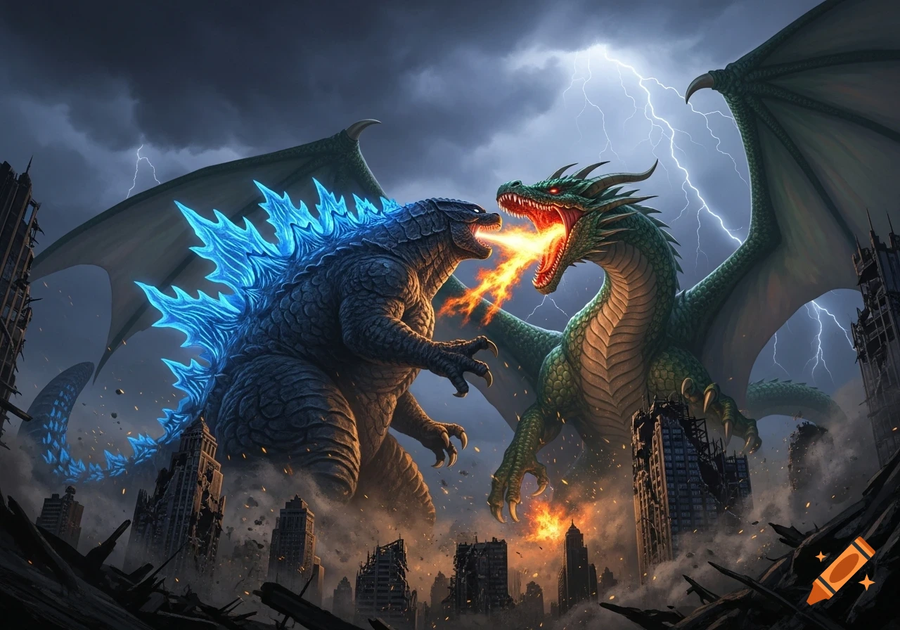 A blue-spined Godzilla-like monster and a green fire-breathing dragon battle in a destroyed city under a stormy sky with lightning.