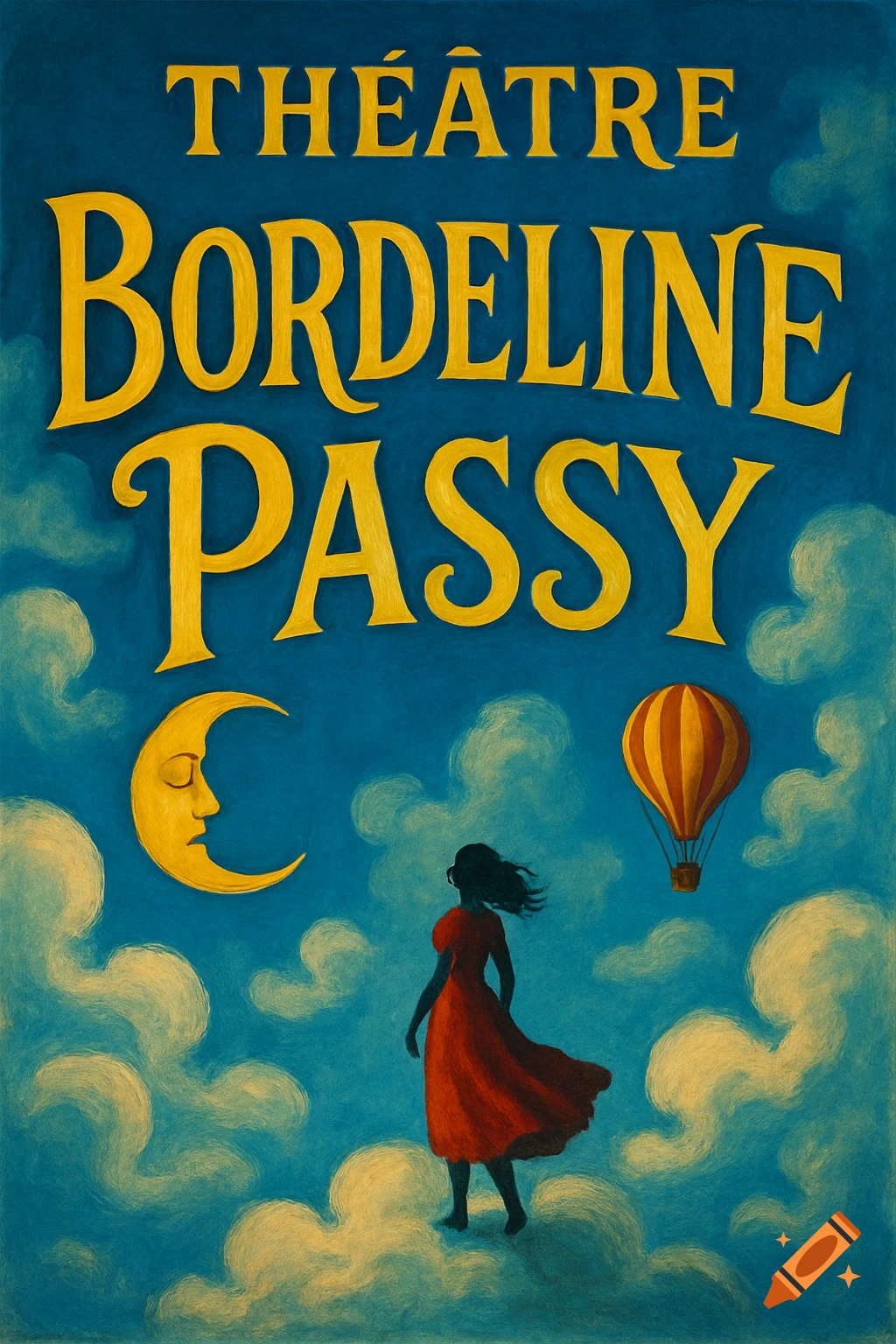 Whimsical theatre poster in blue, with yellow text 'THÉÂTRE BORDELINE PASSY'. A woman in a red dress stands on clouds, with a crescent moon and a hot air balloon.