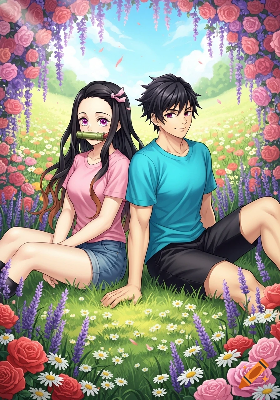 Anime characters Nezuko and a boy sit back-to-back in a vibrant meadow blooming with roses, lavender, and daisies.