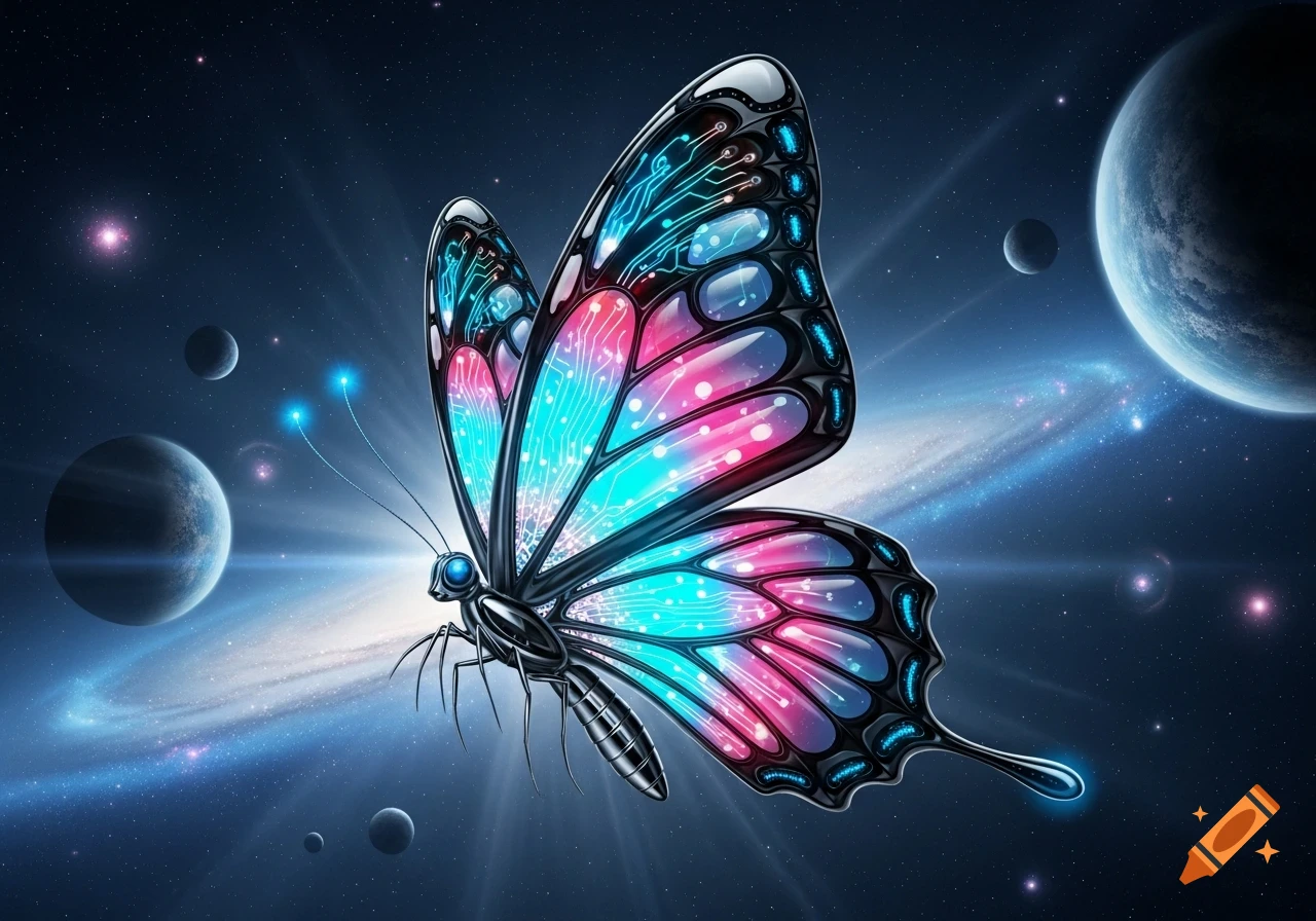 A futuristic metallic butterfly with glowing pink and blue circuit board wings flies through deep space, surrounded by planets, stars, and nebulae.