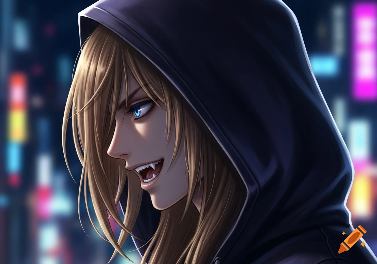 Anime boy with long light brown hair, blue eyes, and sharp fangs, wearing a dark hoodie against a blurred city background.