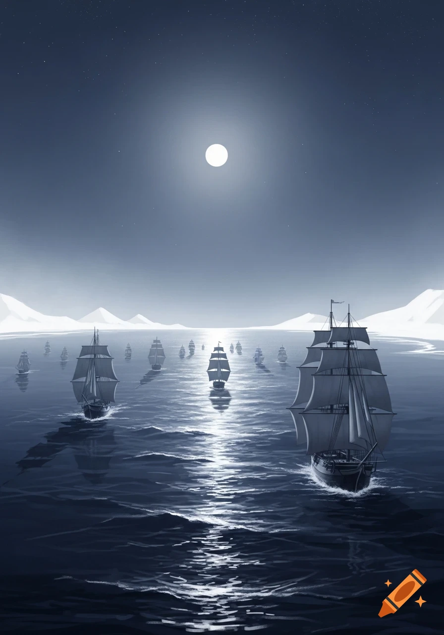 A fleet of grey sailing ships moves across a moonlit sea toward distant white shores under a pale sky.