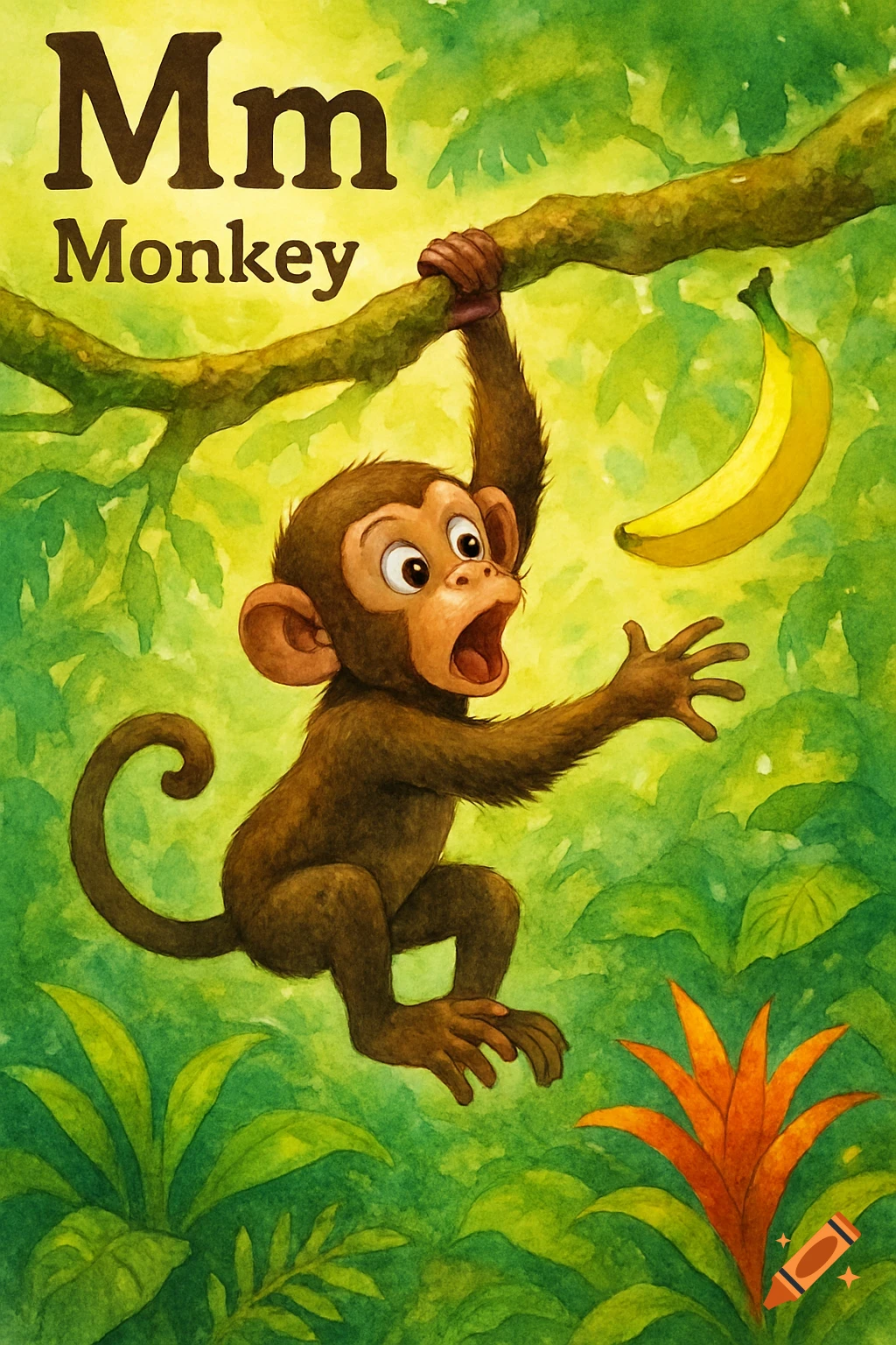 Cartoon watercolor illustration of a monkey hanging from a tree branch, reaching for a banana, with "Mm Monkey" text.