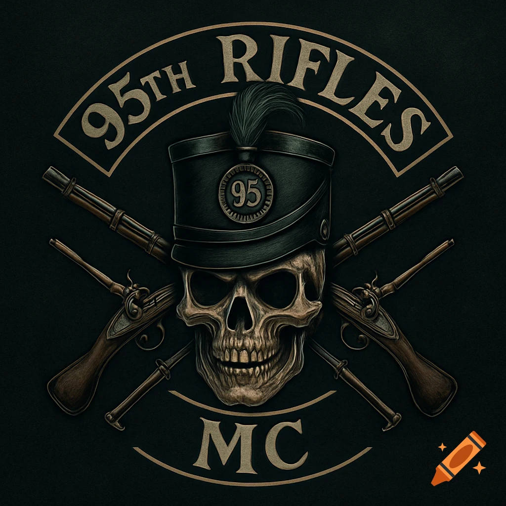 A detailed logo featuring a skull wearing a shako hat, two crossed rifles, and the text '95TH RIFLES MC' on a dark background.