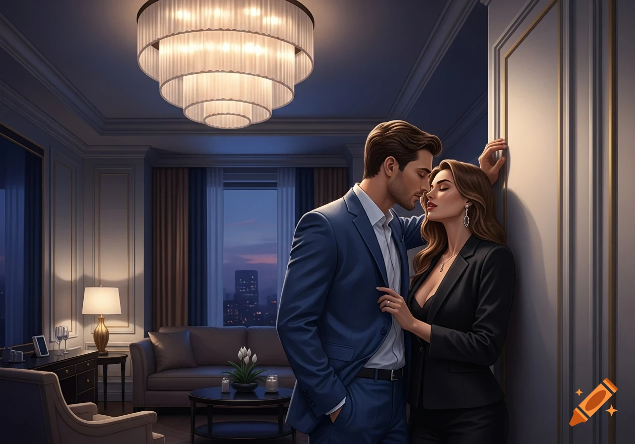 A man in a blue suit leans in to kiss a woman in a black jacket, who is leaning against a wall in a luxurious hotel room at night.