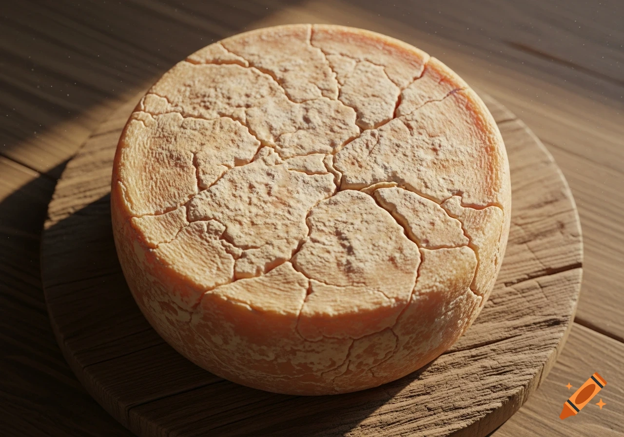 A close-up, high-angle shot of a round wheel of aged cheese with a cracked, textured rind, resting on a rustic wooden board with soft natural light.