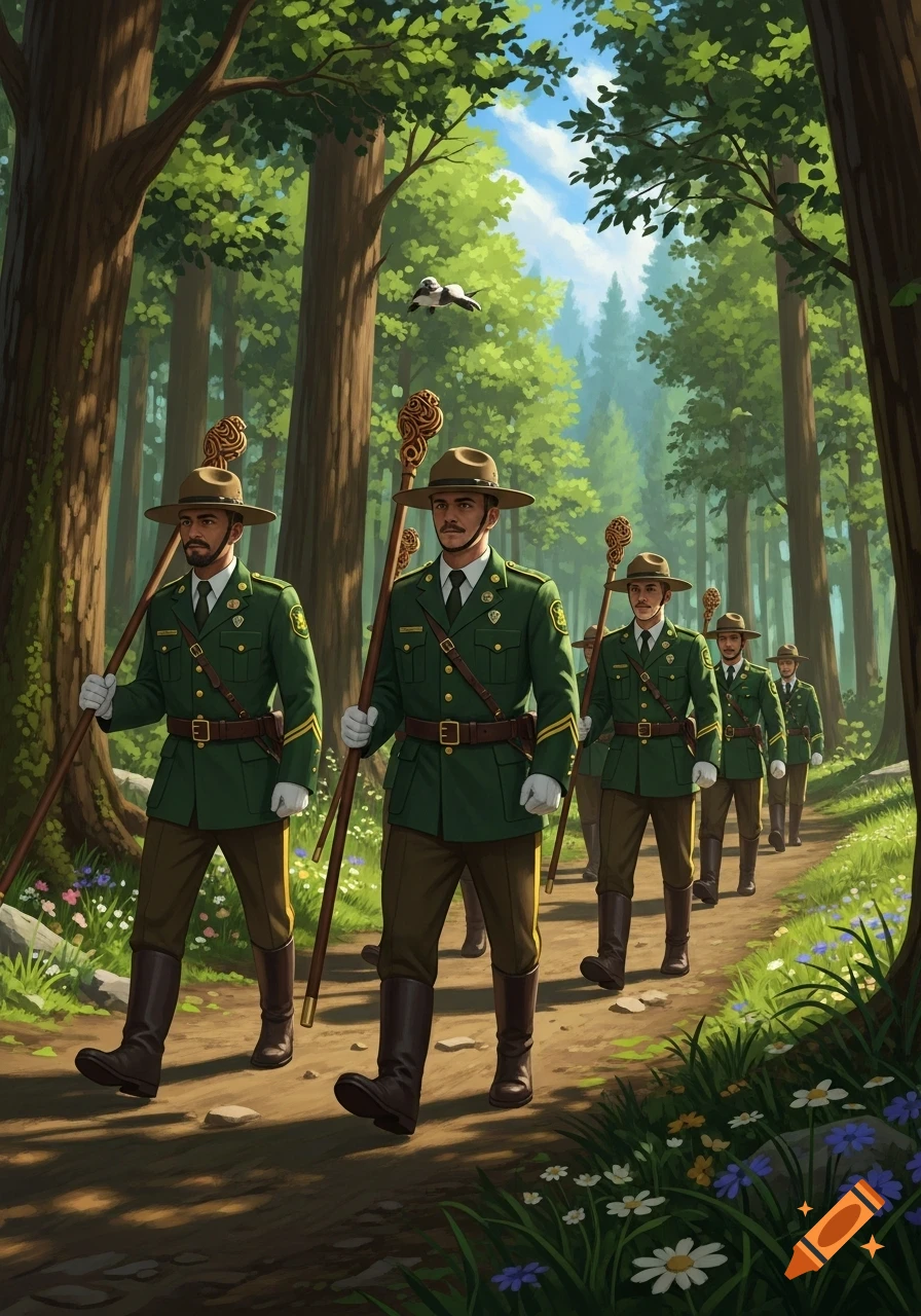 Illustrated parade of foresters in green uniforms marching with staffs through a sunny forest path.