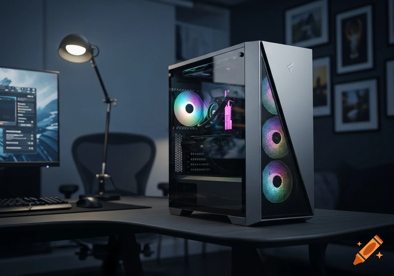 A grey gaming PC with colorful RGB fans sits on a desk next to a monitor and lamp in a dimly lit room.