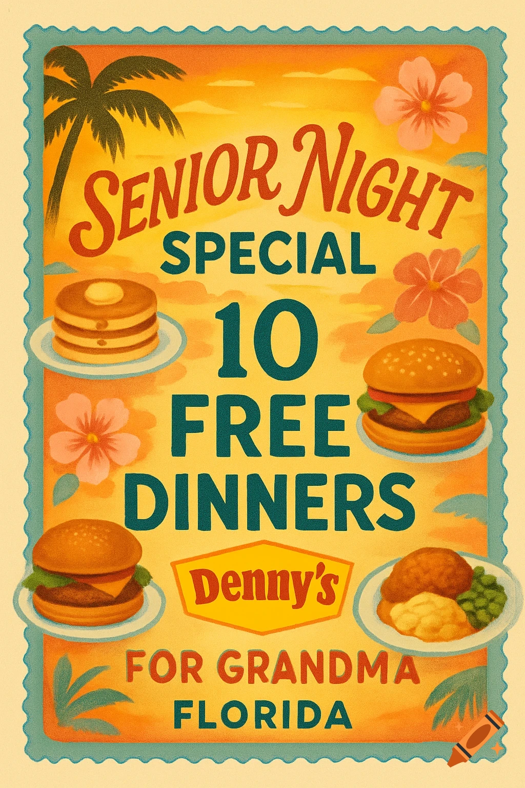 Vintage Denny's advertisement for Senior Night Special: 10 Free Dinners for Grandma in Florida, featuring pancakes, burgers, and a meal.
