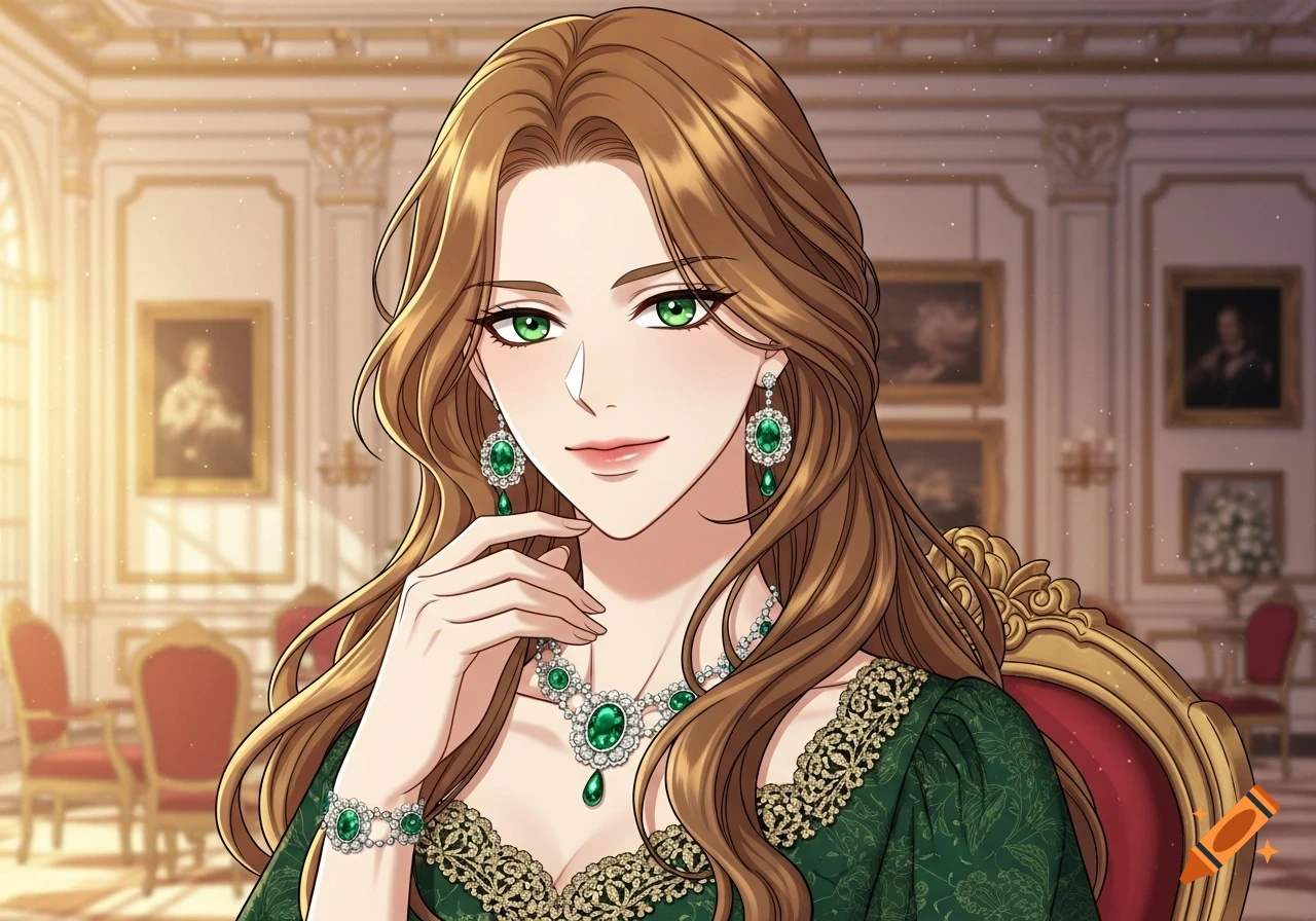 Manhwa artstyle portrait of a woman with emerald eyes, golden-brown hair, wearing a green dress and emerald jewelry in an elegant room.