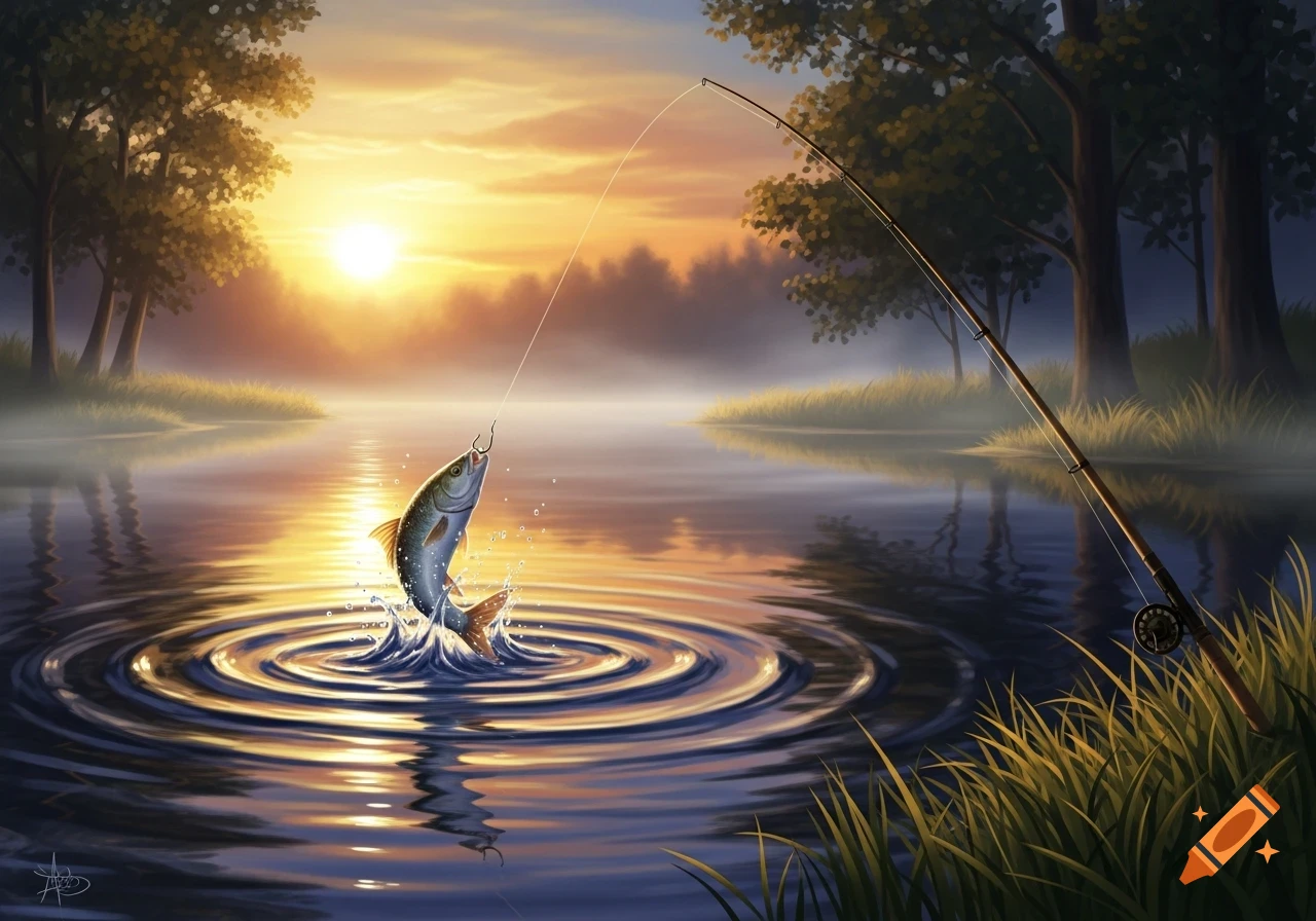 A vibrant illustration of a fish jumping out of a lake at sunrise, caught on a fishing line.