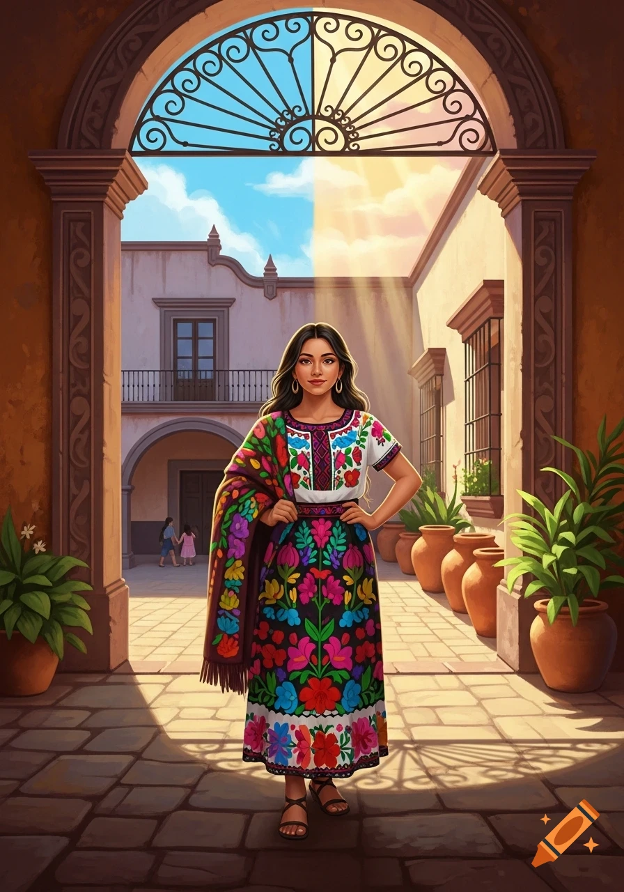 A woman in a colorful embroidered traditional Mexican dress and shawl stands in an arched entrance to a sunny courtyard in an illustration.