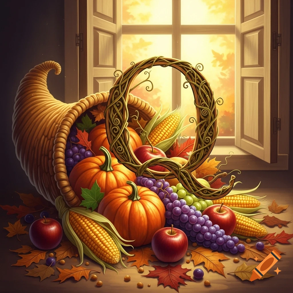 Vibrant autumn cornucopia with pumpkins, corn, grapes, and apples, featuring a decorative vine 'Q' by a sunlit window.