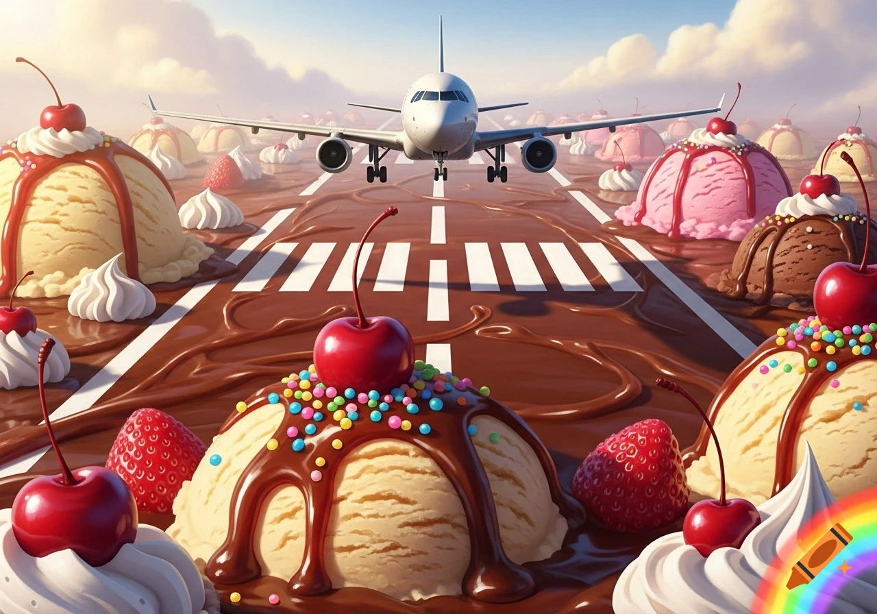 An airplane lands on a chocolate runway surrounded by giant ice cream sundaes with cherries and sprinkles under a cloudy sky.