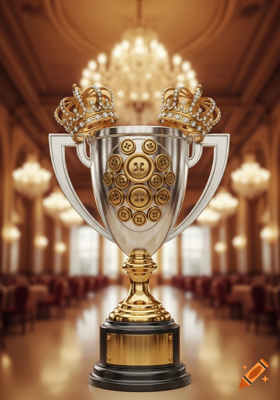A photorealistic silver and gold trophy with golden buttons and two diamond-encrusted crowns in a grand ballroom.