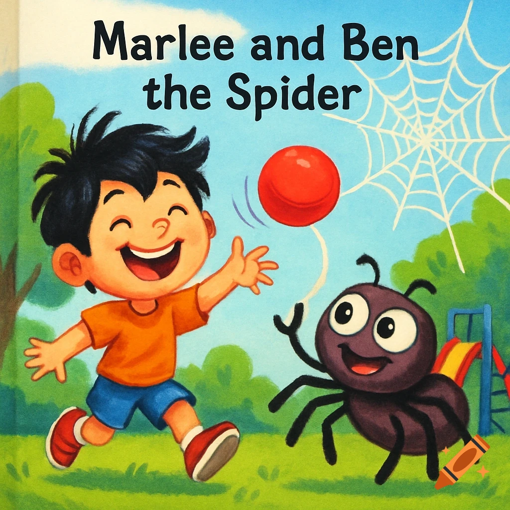 Cartoon boy and a spider playing with a red ball on a book cover, text reads 'Marlee and Ben the Spider'.
