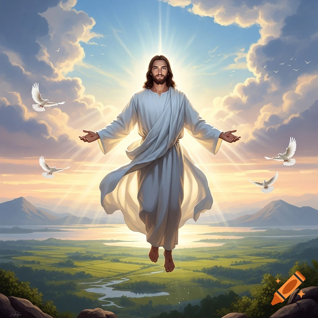 A radiant Jesus Christ floats above a vibrant green landscape with rivers, surrounded by white doves and sun-drenched clouds.