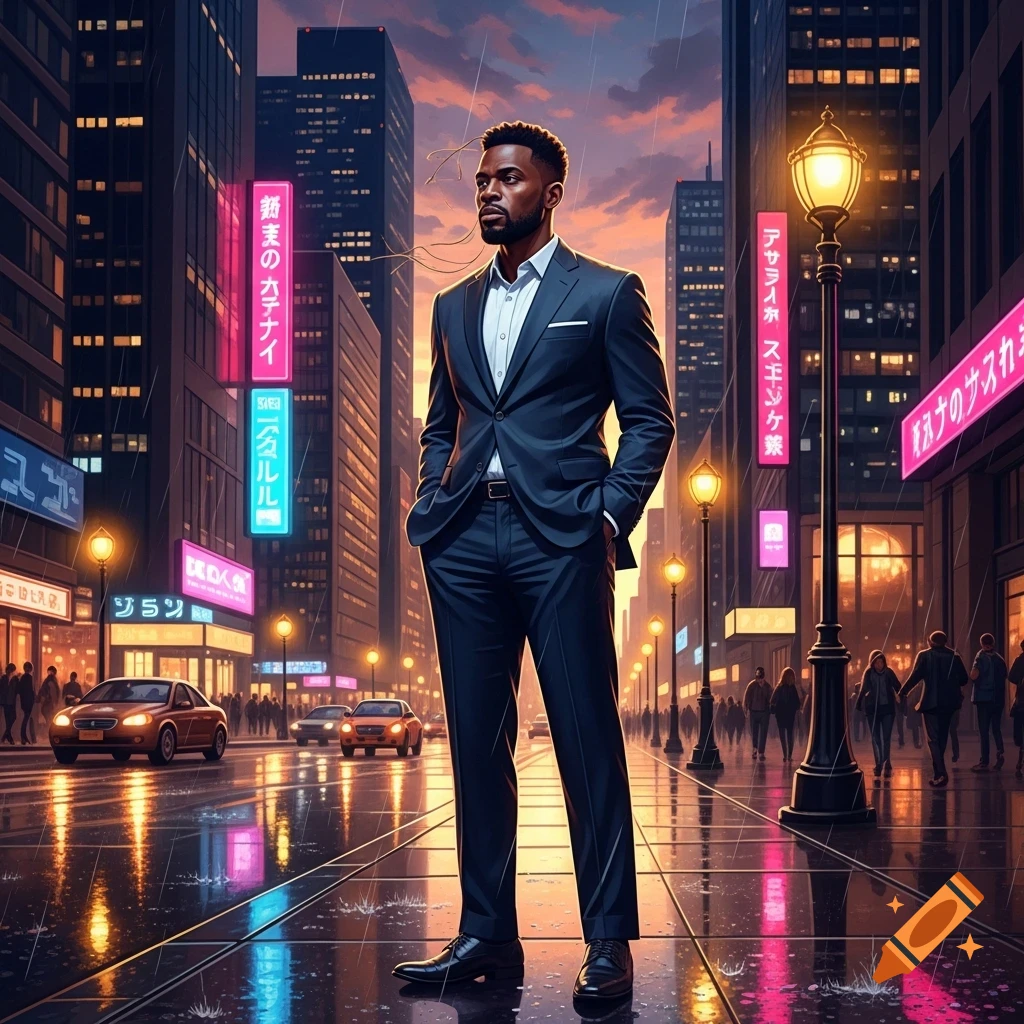A Black man in a dark suit stands confidently on a wet city street at ...